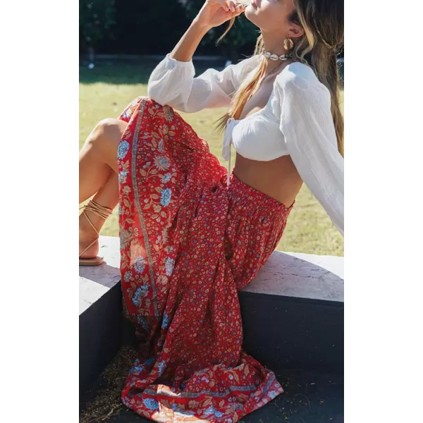 imageZESICA Womens 2024 Bohemian Floral Printed Elastic Waist A Line Maxi Skirt with PocketsRed2