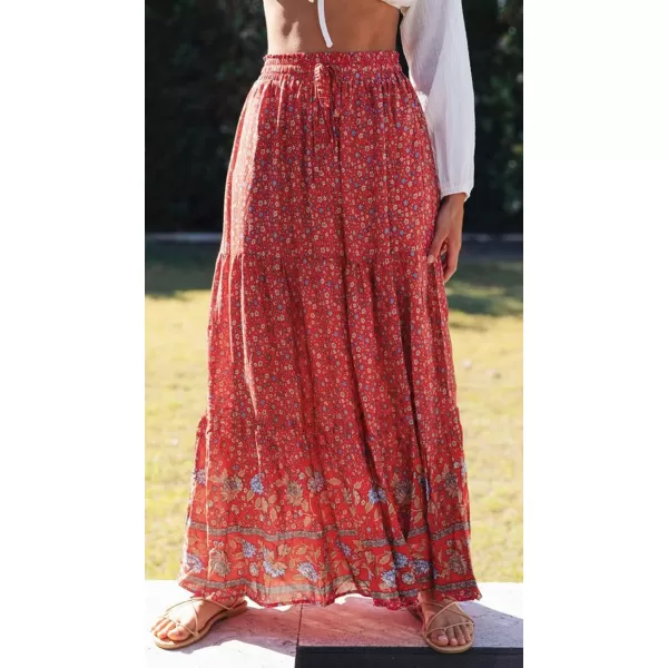 imageZESICA Womens 2024 Bohemian Floral Printed Elastic Waist A Line Maxi Skirt with PocketsRed2