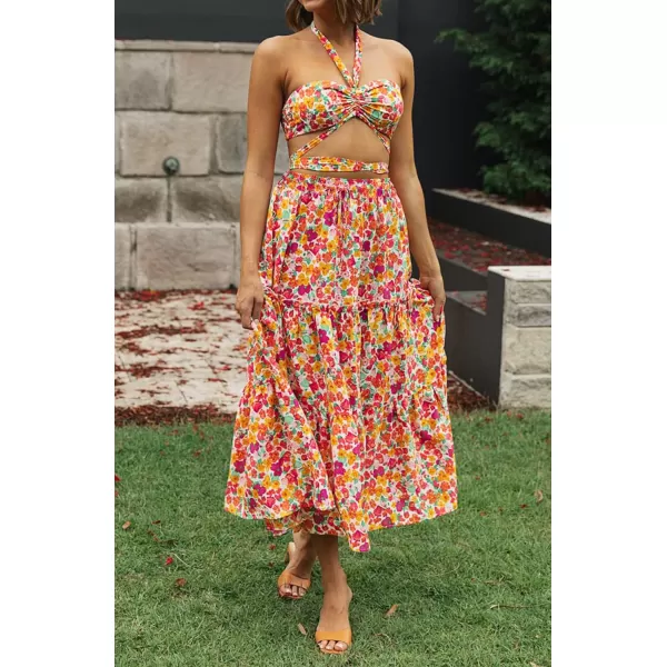 imageZESICA Womens 2024 Bohemian Floral Printed Elastic Waist A Line Maxi Skirt with PocketsRedyellow