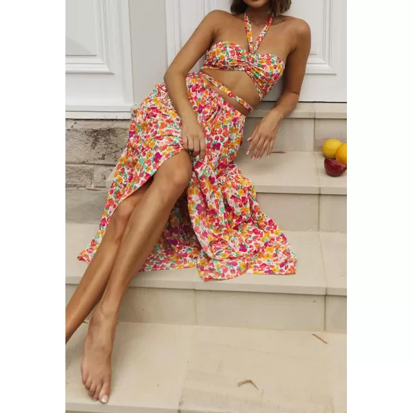 imageZESICA Womens 2024 Bohemian Floral Printed Elastic Waist A Line Maxi Skirt with PocketsRedyellow