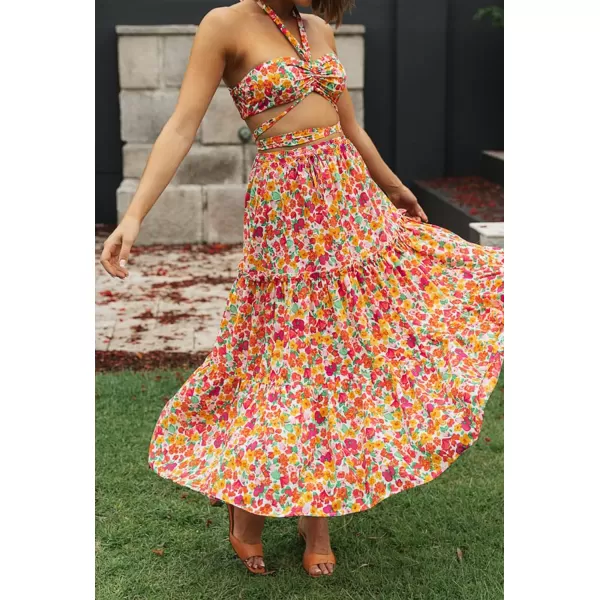 imageZESICA Womens 2024 Bohemian Floral Printed Elastic Waist A Line Maxi Skirt with PocketsRedyellow