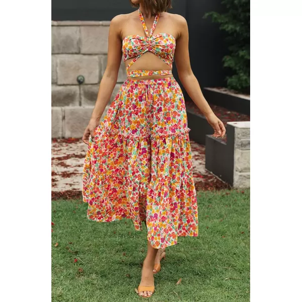 imageZESICA Womens 2024 Bohemian Floral Printed Elastic Waist A Line Maxi Skirt with PocketsRedyellow
