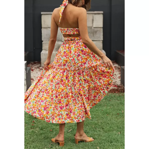 imageZESICA Womens 2024 Bohemian Floral Printed Elastic Waist A Line Maxi Skirt with PocketsRedyellow