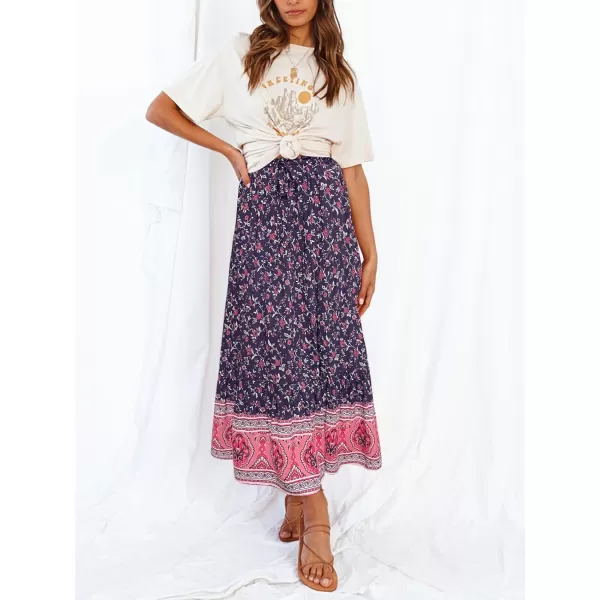 imageZESICA Womens 2024 Bohemian Floral Printed Elastic Waist A Line Maxi Skirt with PocketsRoyalblue