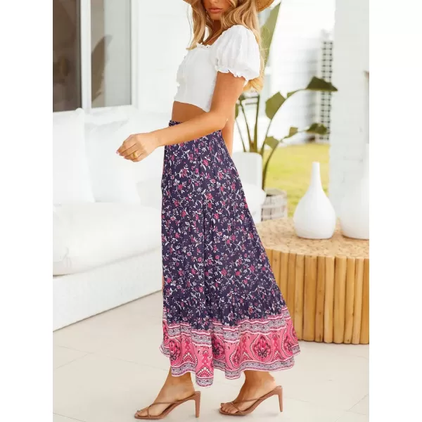 imageZESICA Womens 2024 Bohemian Floral Printed Elastic Waist A Line Maxi Skirt with PocketsRoyalblue