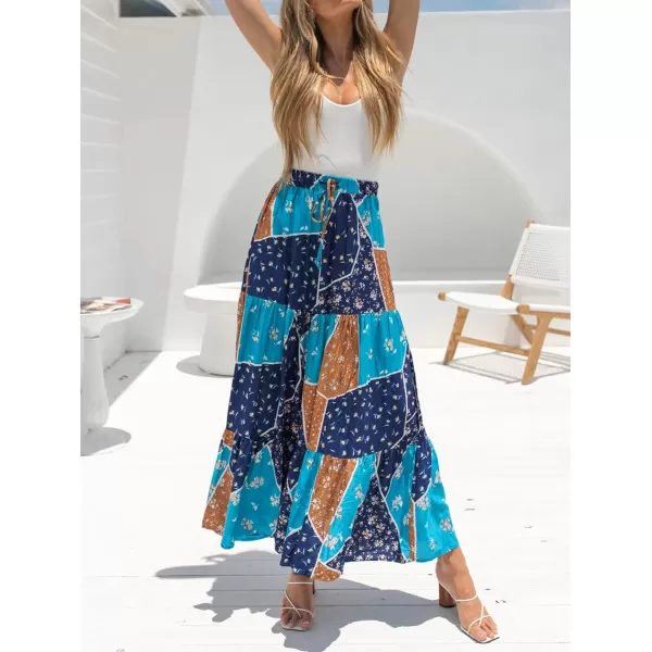 imageZESICA Womens 2024 Bohemian Floral Printed Elastic Waist A Line Maxi Skirt with PocketsSapphire