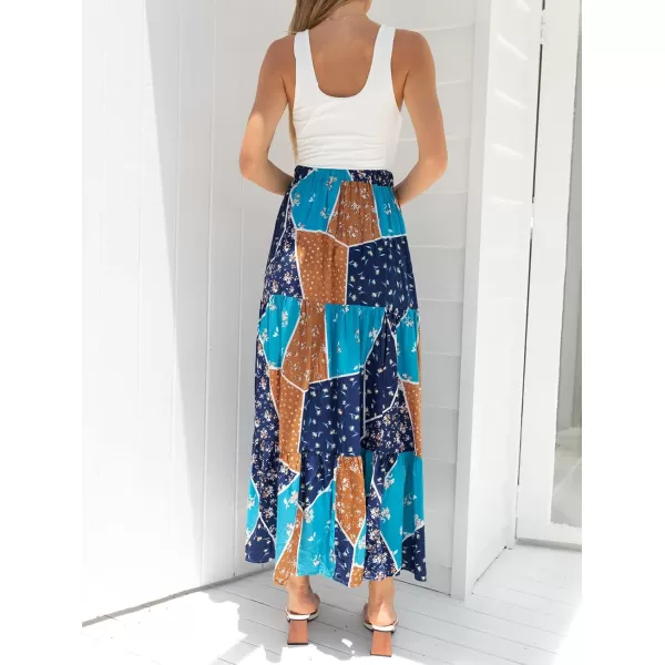 imageZESICA Womens 2024 Bohemian Floral Printed Elastic Waist A Line Maxi Skirt with PocketsSapphire