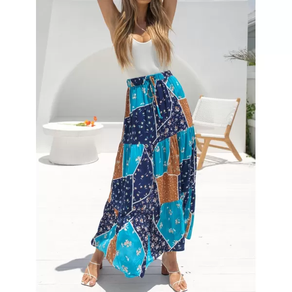 imageZESICA Womens 2024 Bohemian Floral Printed Elastic Waist A Line Maxi Skirt with PocketsSapphire