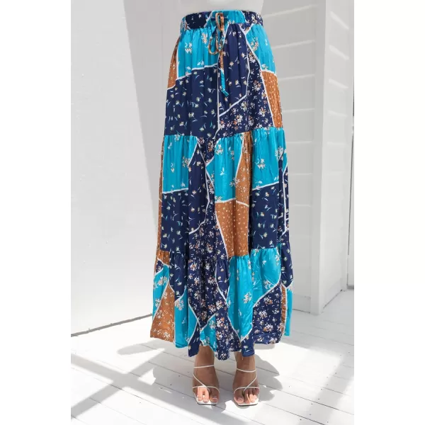 imageZESICA Womens 2024 Bohemian Floral Printed Elastic Waist A Line Maxi Skirt with PocketsSapphire