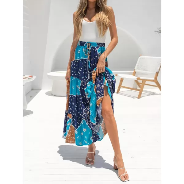 imageZESICA Womens 2024 Bohemian Floral Printed Elastic Waist A Line Maxi Skirt with PocketsSapphire