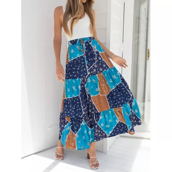 imageZESICA Womens 2024 Bohemian Floral Printed Elastic Waist A Line Maxi Skirt with PocketsSapphire