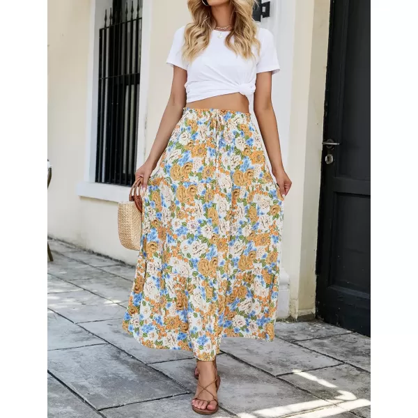 imageZESICA Womens 2024 Bohemian Floral Printed Elastic Waist A Line Maxi Skirt with PocketsTangerine