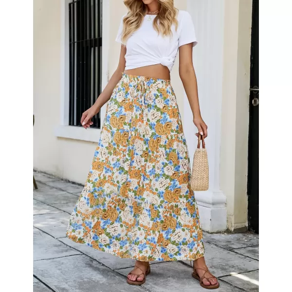 imageZESICA Womens 2024 Bohemian Floral Printed Elastic Waist A Line Maxi Skirt with PocketsTangerine