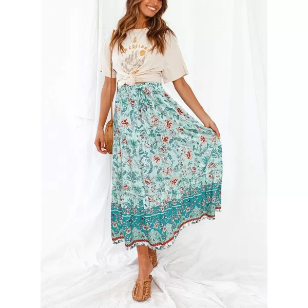 imageZESICA Womens 2024 Bohemian Floral Printed Elastic Waist A Line Maxi Skirt with PocketsTurquoise