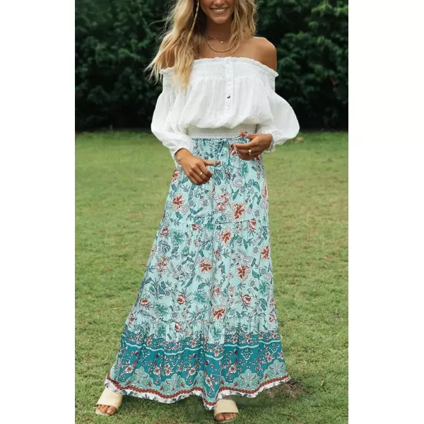 imageZESICA Womens 2024 Bohemian Floral Printed Elastic Waist A Line Maxi Skirt with PocketsTurquoise