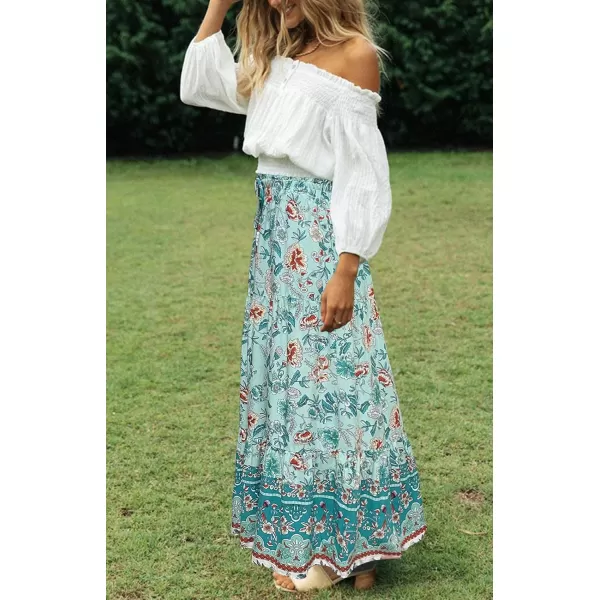 imageZESICA Womens 2024 Bohemian Floral Printed Elastic Waist A Line Maxi Skirt with PocketsTurquoise