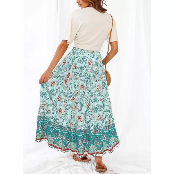 imageZESICA Womens 2024 Bohemian Floral Printed Elastic Waist A Line Maxi Skirt with PocketsTurquoise