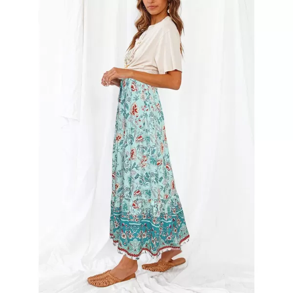 imageZESICA Womens 2024 Bohemian Floral Printed Elastic Waist A Line Maxi Skirt with PocketsTurquoise