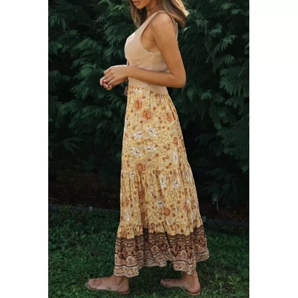 imageZESICA Womens 2024 Bohemian Floral Printed Elastic Waist A Line Maxi Skirt with PocketsYellow