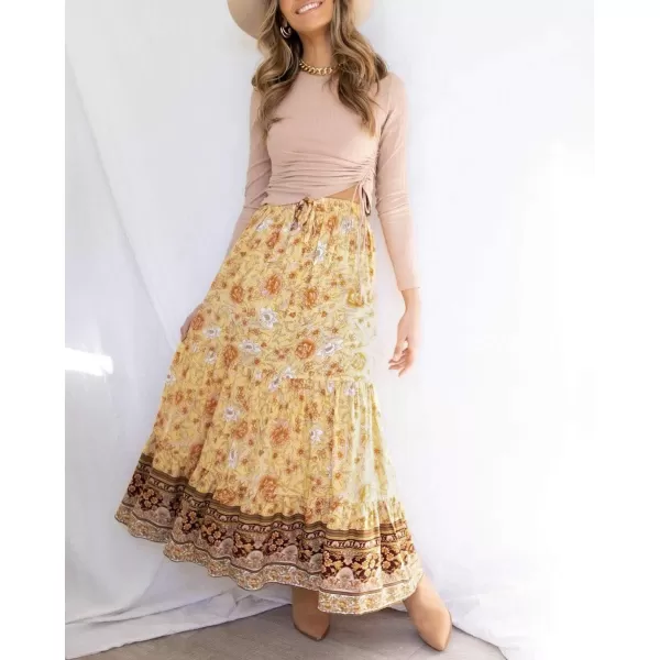 imageZESICA Womens 2024 Bohemian Floral Printed Elastic Waist A Line Maxi Skirt with PocketsYellow