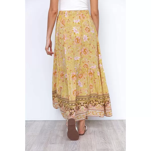imageZESICA Womens 2024 Bohemian Floral Printed Elastic Waist A Line Maxi Skirt with PocketsYellow