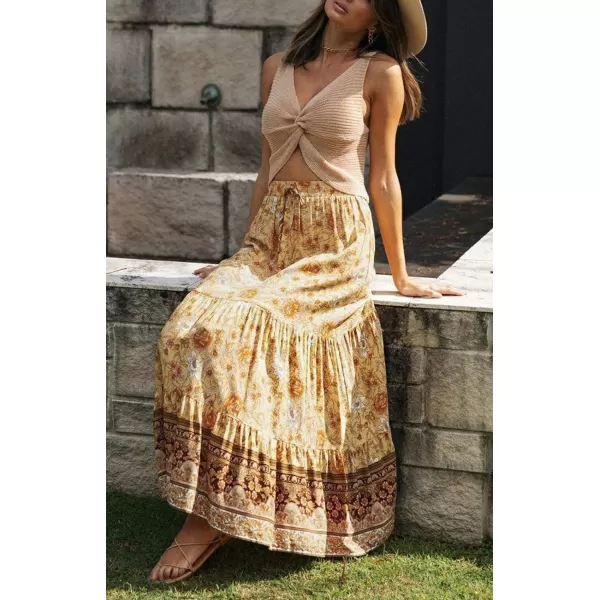 imageZESICA Womens 2024 Bohemian Floral Printed Elastic Waist A Line Maxi Skirt with PocketsYellow