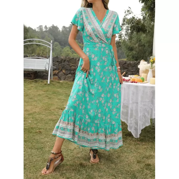 imageZESICA Womens 2024 Bohemian Floral Printed Wrap V Neck Short Sleeve Split Beach Party Maxi DressAqua