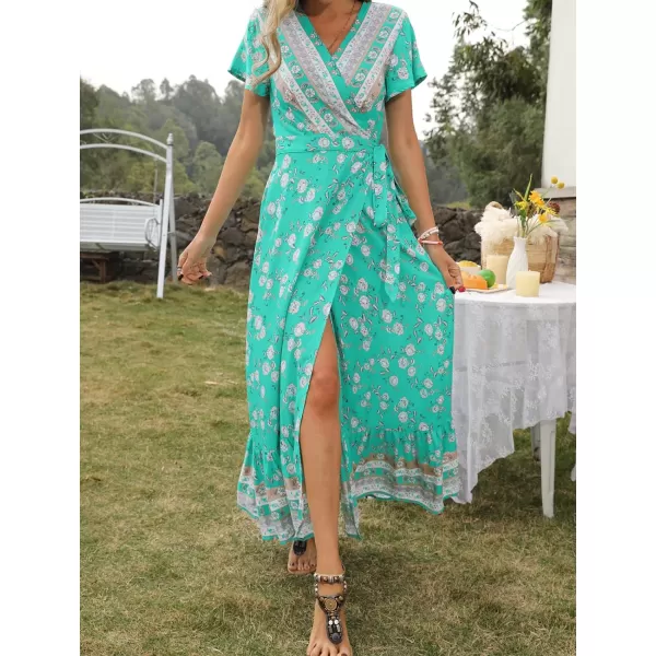 imageZESICA Womens 2024 Bohemian Floral Printed Wrap V Neck Short Sleeve Split Beach Party Maxi DressAqua