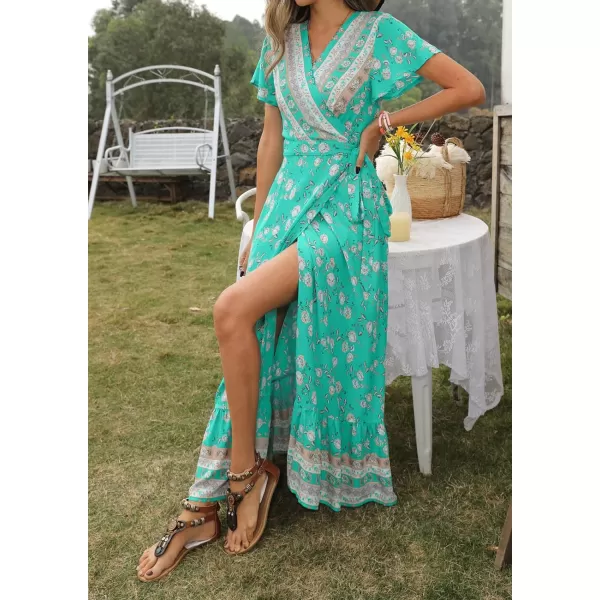 imageZESICA Womens 2024 Bohemian Floral Printed Wrap V Neck Short Sleeve Split Beach Party Maxi DressAqua