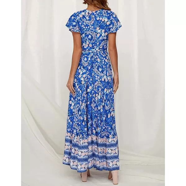 imageZESICA Womens 2024 Bohemian Floral Printed Wrap V Neck Short Sleeve Split Beach Party Maxi DressBlue