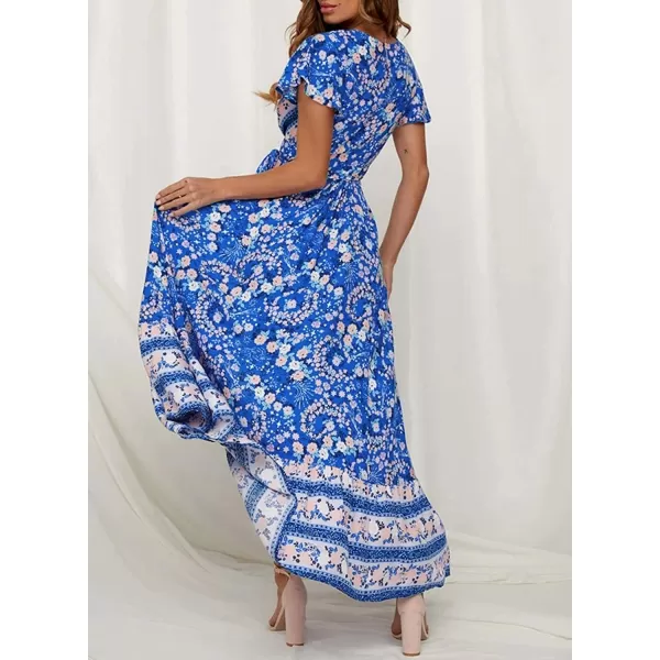 imageZESICA Womens 2024 Bohemian Floral Printed Wrap V Neck Short Sleeve Split Beach Party Maxi DressBlue