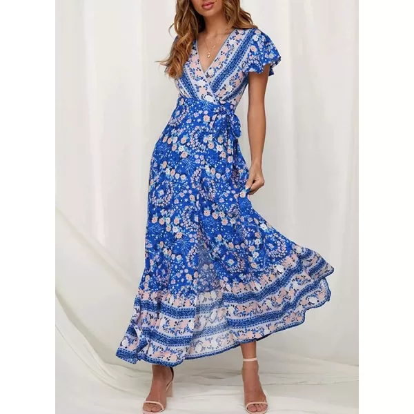 imageZESICA Womens 2024 Bohemian Floral Printed Wrap V Neck Short Sleeve Split Beach Party Maxi DressBlue