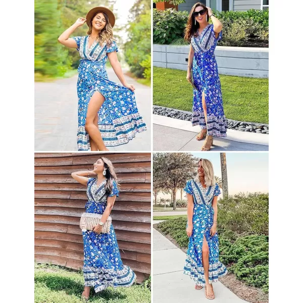 imageZESICA Womens 2024 Bohemian Floral Printed Wrap V Neck Short Sleeve Split Beach Party Maxi DressBlue