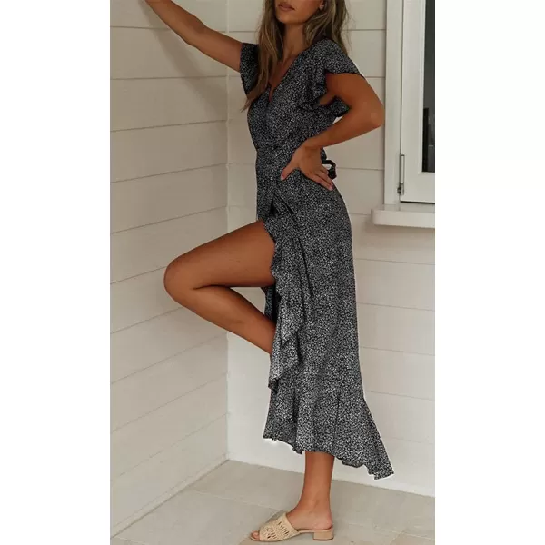 imageZESICA Womens 2024 Bohemian Floral Printed Wrap V Neck Short Sleeve Split Beach Party Maxi DressCharcoal Blackfloral