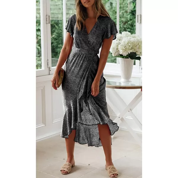 imageZESICA Womens 2024 Bohemian Floral Printed Wrap V Neck Short Sleeve Split Beach Party Maxi DressCharcoal Blackfloral