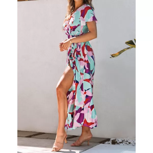 imageZESICA Womens 2024 Bohemian Floral Printed Wrap V Neck Short Sleeve Split Beach Party Maxi DressContrastpurple
