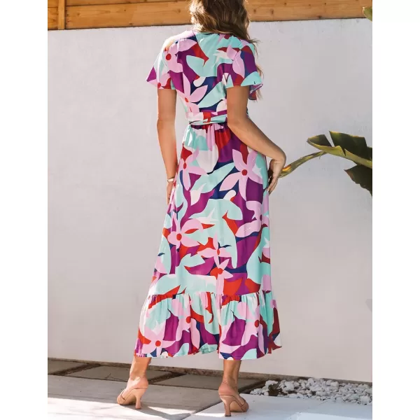 imageZESICA Womens 2024 Bohemian Floral Printed Wrap V Neck Short Sleeve Split Beach Party Maxi DressContrastpurple