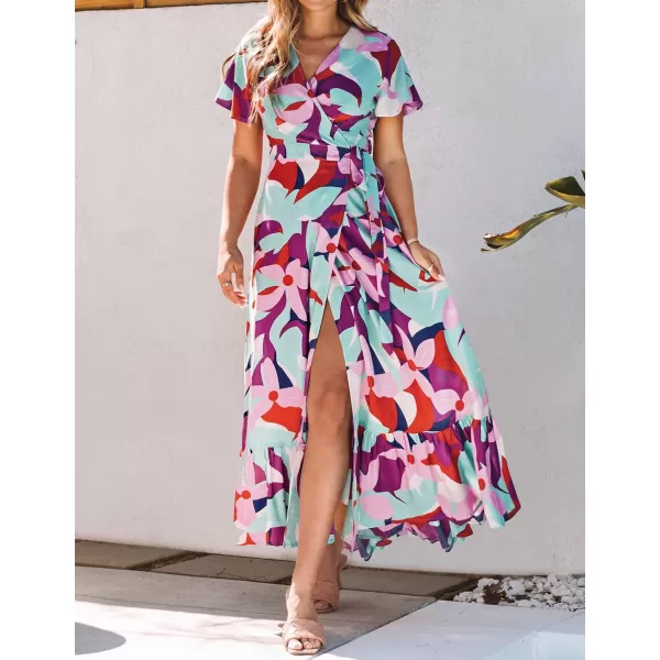 imageZESICA Womens 2024 Bohemian Floral Printed Wrap V Neck Short Sleeve Split Beach Party Maxi DressContrastpurple