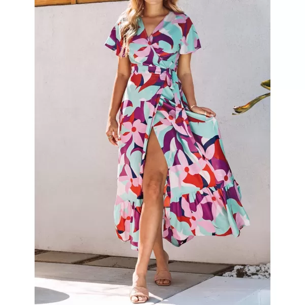 imageZESICA Womens 2024 Bohemian Floral Printed Wrap V Neck Short Sleeve Split Beach Party Maxi DressContrastpurple