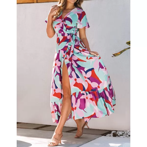 imageZESICA Womens 2024 Bohemian Floral Printed Wrap V Neck Short Sleeve Split Beach Party Maxi DressContrastpurple