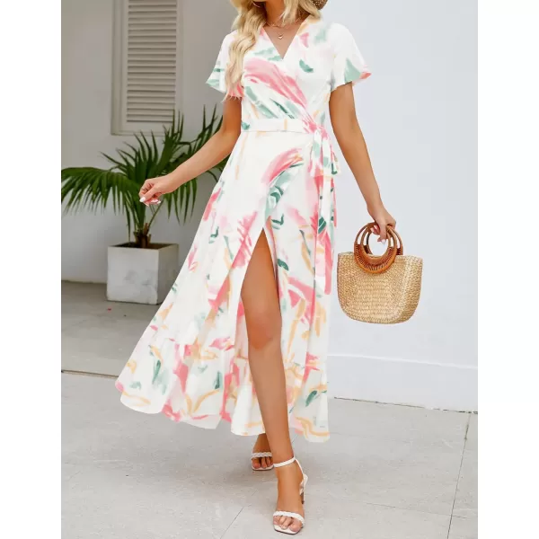 imageZESICA Womens 2024 Bohemian Floral Printed Wrap V Neck Short Sleeve Split Beach Party Maxi DressContrastwhite