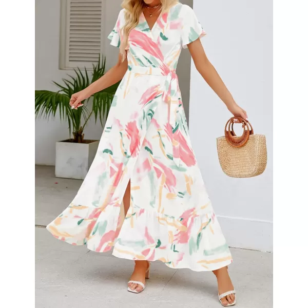 imageZESICA Womens 2024 Bohemian Floral Printed Wrap V Neck Short Sleeve Split Beach Party Maxi DressContrastwhite