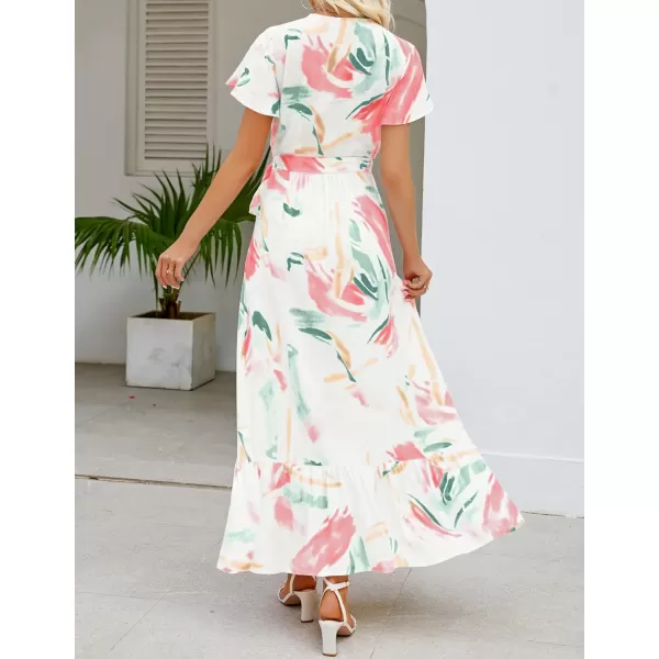 imageZESICA Womens 2024 Bohemian Floral Printed Wrap V Neck Short Sleeve Split Beach Party Maxi DressContrastwhite
