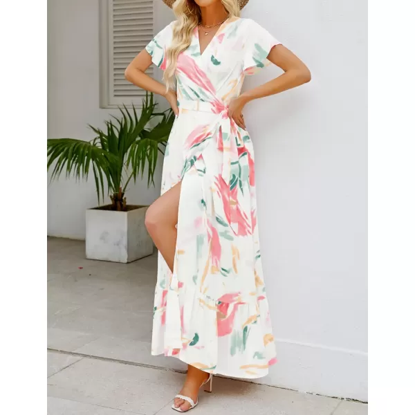 imageZESICA Womens 2024 Bohemian Floral Printed Wrap V Neck Short Sleeve Split Beach Party Maxi DressContrastwhite