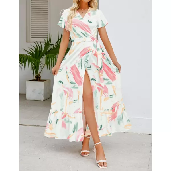 imageZESICA Womens 2024 Bohemian Floral Printed Wrap V Neck Short Sleeve Split Beach Party Maxi DressContrastwhite