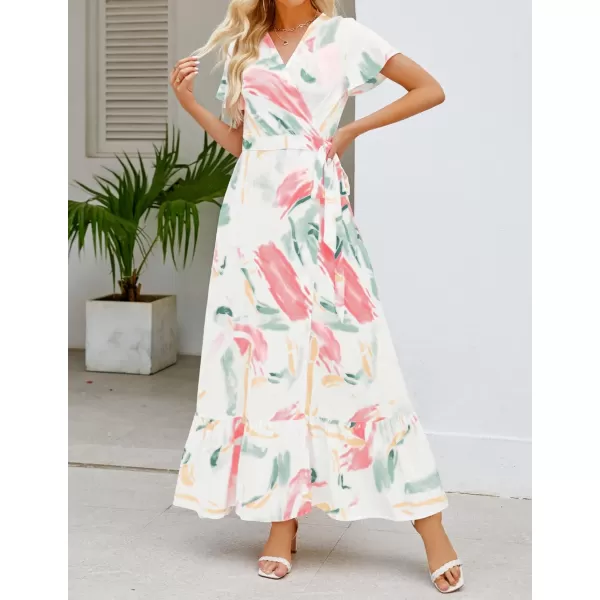 imageZESICA Womens 2024 Bohemian Floral Printed Wrap V Neck Short Sleeve Split Beach Party Maxi DressContrastwhite