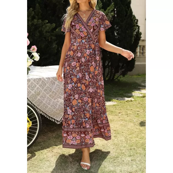 imageZESICA Womens 2024 Bohemian Floral Printed Wrap V Neck Short Sleeve Split Beach Party Maxi DressDark Purple