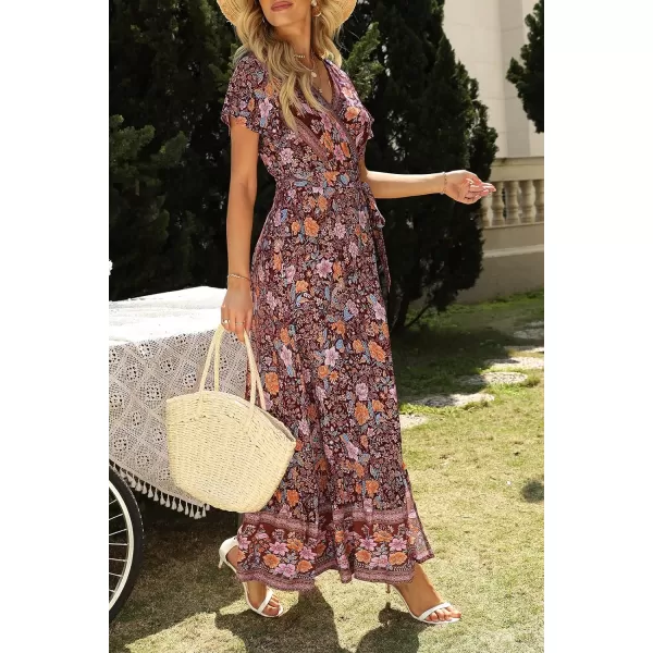 imageZESICA Womens 2024 Bohemian Floral Printed Wrap V Neck Short Sleeve Split Beach Party Maxi DressDark Purple