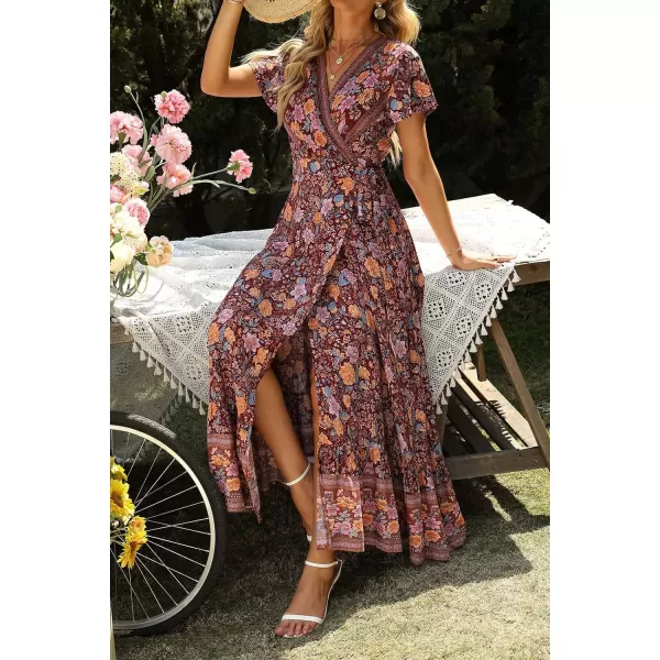 imageZESICA Womens 2024 Bohemian Floral Printed Wrap V Neck Short Sleeve Split Beach Party Maxi DressDark Purple