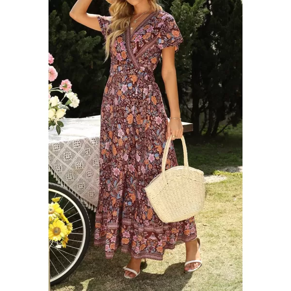 imageZESICA Womens 2024 Bohemian Floral Printed Wrap V Neck Short Sleeve Split Beach Party Maxi DressDark Purple